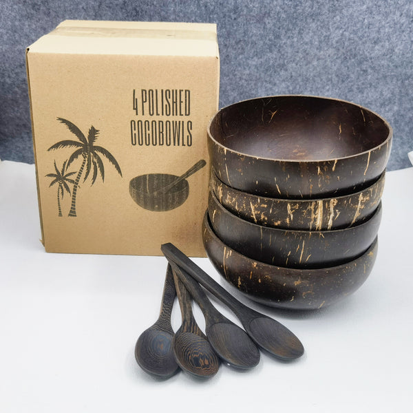 Natural Coconut Shell Bowl Set with Wooden Spoon