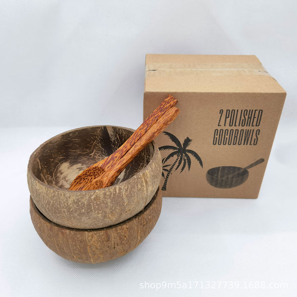 Natural Coconut Shell Bowl Set with Wooden Spoon