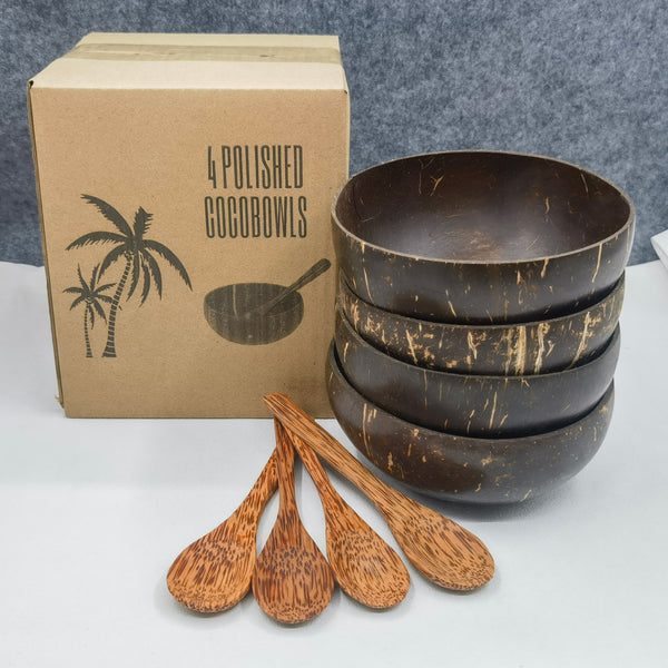 Natural Coconut Shell Bowl Set with Wooden Spoon