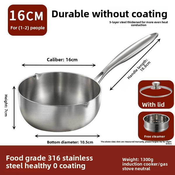 Thickened 316 Stainless Steel Milk Pot with Lid and Steamer