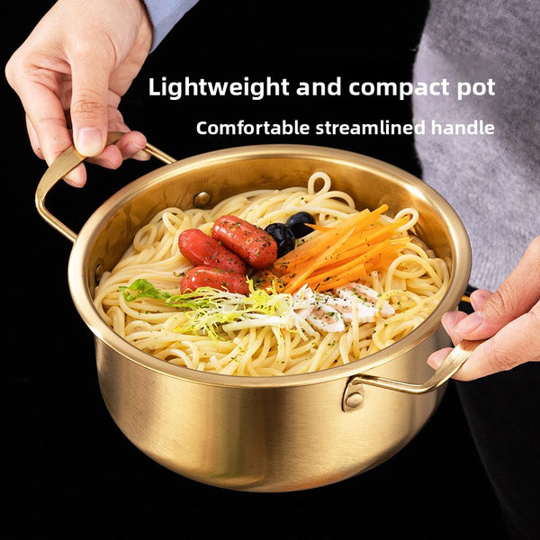 Stainless steel ramen pot with lid and chopsticks and spoons